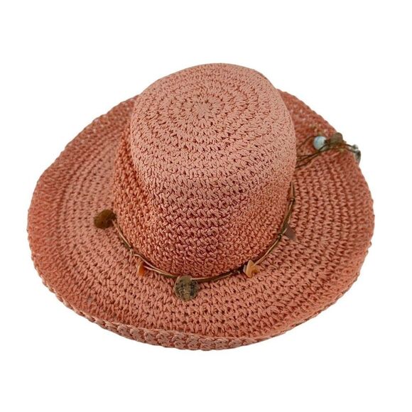 Hat Stuff Pink Woven Floppy Wide Brim Hat Shell Beaded Band Womens OS Bohemian - Picture 5 of 8